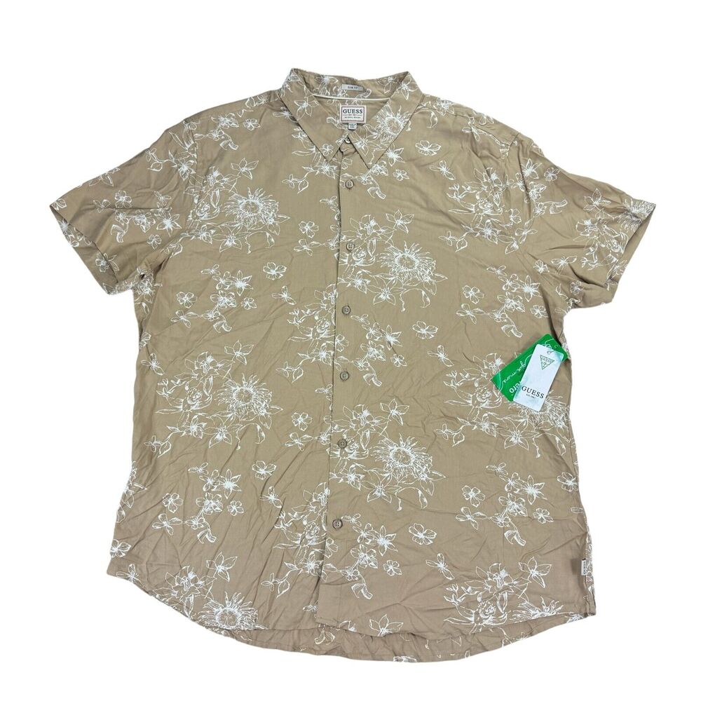 Guess Mens Sienna Floral Slim Fit Short Sleeve Button Down Shirt Light Brown 2XL